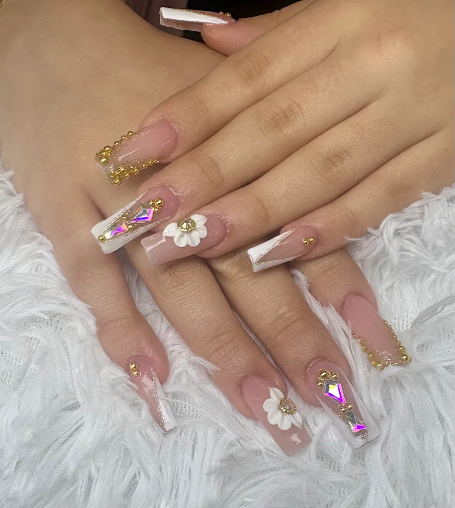 Custom Gel-X nail set with gold gems and floral 3D art